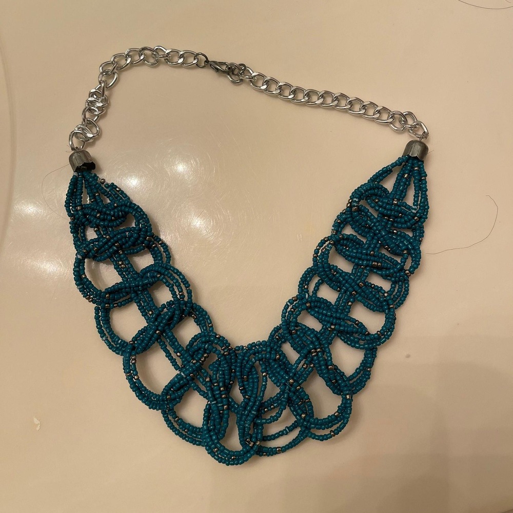 Teal Beaded Woven Statement Necklace Silver Tone Chain‎ Choker bohochic western